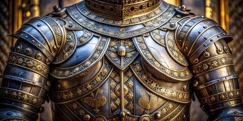 Close-up of intricate detailing on medieval armor, medieval, armor, knight, protection, historical, metal, battle, warrior