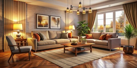 Wall Mural - Cozy living room with warm tones and comfortable furniture, home, interior, room, cozy, comfortable, furniture, decor, design