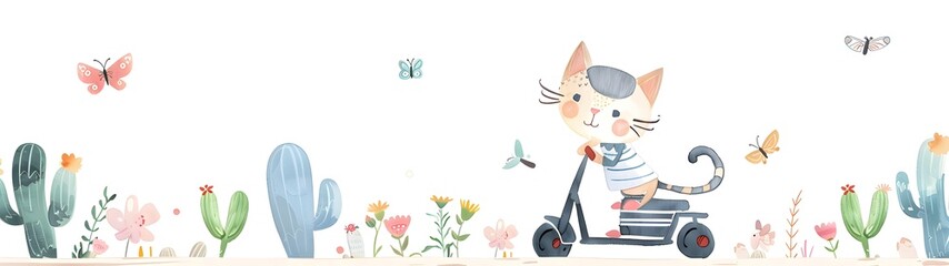 Cute Cat on Scooter with Cactus and Butterflies