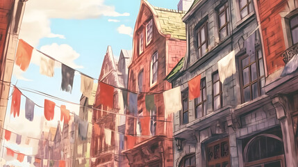 Poster - Banners and Flags in a building street Watercolor Style