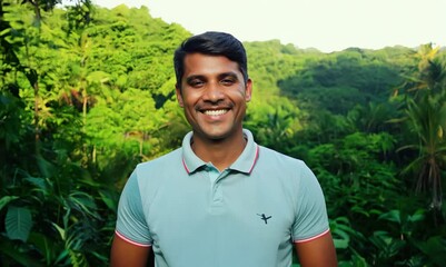 Wall Mural - Group portrait video of a pleased man in his 30s wearing a sporty polo shirt against a tropical rainforest or jungle background