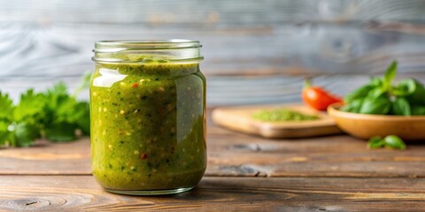 Wall Mural - Salsa verde sauce in glass jar, fresh and tasty semi-solid food for culinary concept , salsa verde, sauce, glass jar