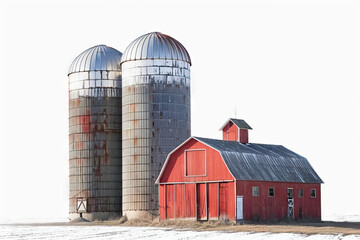 picturesque scene of a traditional red barn with two weathered silos on a snowy landscape, represent