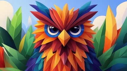 Sticker - A mesmerizing humanoid owl with vivid feathers, set in a lush forest, captures the magic of nature in vibrant colors.