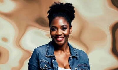 Poster - Portrait video of a satisfied Nigerian black woman in her 40s wearing a denim jacket against an abstract background 