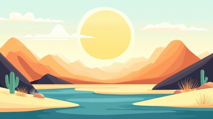 Sticker - A vibrant, modern illustration showcasing a winding river that flows through a vast desert, rich in texture and color.