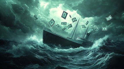 Poster - 3D Rendering of Torn Banknotes and Cracked Coins on Dark Surface Representing Financial Crisis