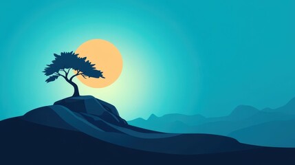 Sticker - Embrace the beauty of a serene moonlit landscape, with a silhouetted tree perched on a peaceful hilltop.