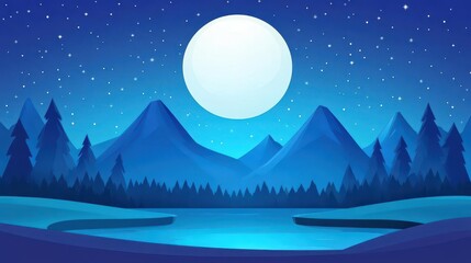 Sticker - A stunning mountain range glows under a luminous moon, with vibrant stars sparkling in a cartoonstyle night scene.