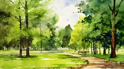 Poster - park Green Spaces With Trees Watercolor Style