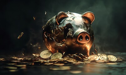Poster - 3D Illustration of Broken Piggy Bank with Coins Spilling Out Symbolizing Financial Collapse