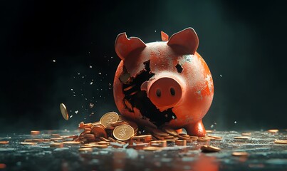 Poster - 3D Illustration of Broken Piggy Bank with Coins Spilling Out Symbolizing Financial Collapse