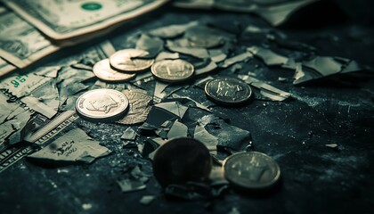 Poster - Close-Up Photo of Shattered Currency Notes and Coins on Dark Surface Symbolizing Economic Collapse