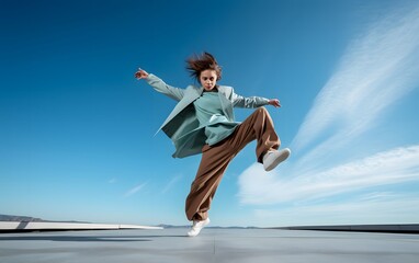 Wall Mural - A young man mid-leap against a bright blue sky, showcasing athleticism and energy.