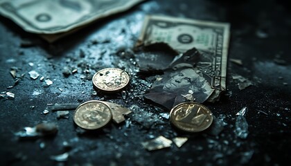 Poster - Close-Up Photo of Shattered Currency Notes and Coins on Dark Surface Symbolizing Economic Collapse