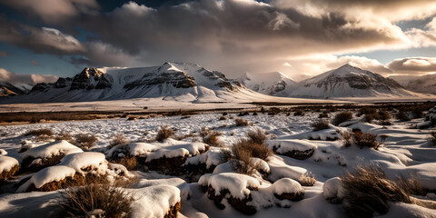 Wall Mural - Serene snow-covered valley under a cloudy sky