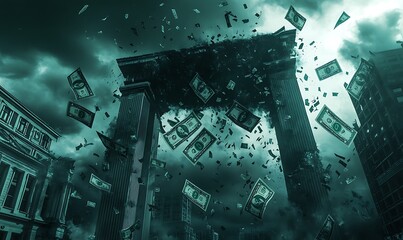 Poster - 3D Rendering of Collapsing Financial Building with Falling Currency Symbols Representing Crisis