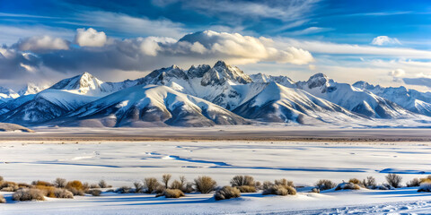 Wall Mural - landscape with snow covered mountains, winter scene showcasing majestic snow-capped mountains.