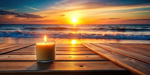 Candle glowing on a wooden table with stunning beach view at sunset, candle, table, beach, sunset, view, ocean, romantic