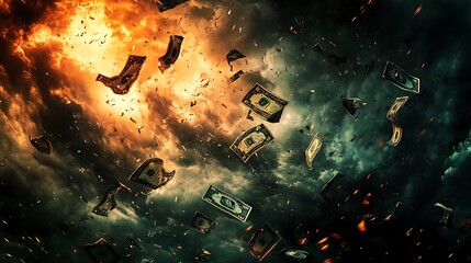 Aufkleber - Digital Illustration of Currency Symbols Torn Apart by Dark Swirling Winds Representing Economic Turmoil