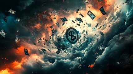 Poster - Digital Illustration of Currency Symbols Torn Apart by Dark Swirling Winds Representing Economic Turmoil