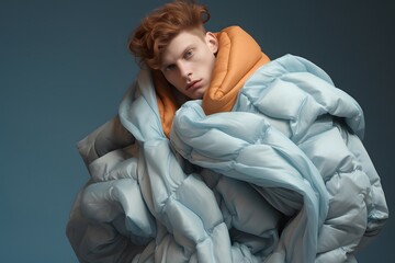 Wall Mural - Thoughtful Redhead Man Wrapped in a Quilted Blanket, Posing Against a Neutral Background, Capturing a Blend of Comfort, Style, and Introspection in a Studio Portrait Setting.