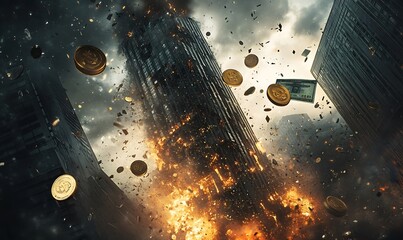 Poster - Close-Up of Torn Currency Notes and Coins on Dark Surface Symbolizing Financial Crisis and Loss