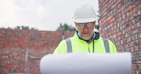 Canvas Print - Architecture, mature man and and blueprint in building construction for inspection, contractor and thinking. Male architect, project document and renovation with ideas, floor plan and maintenance