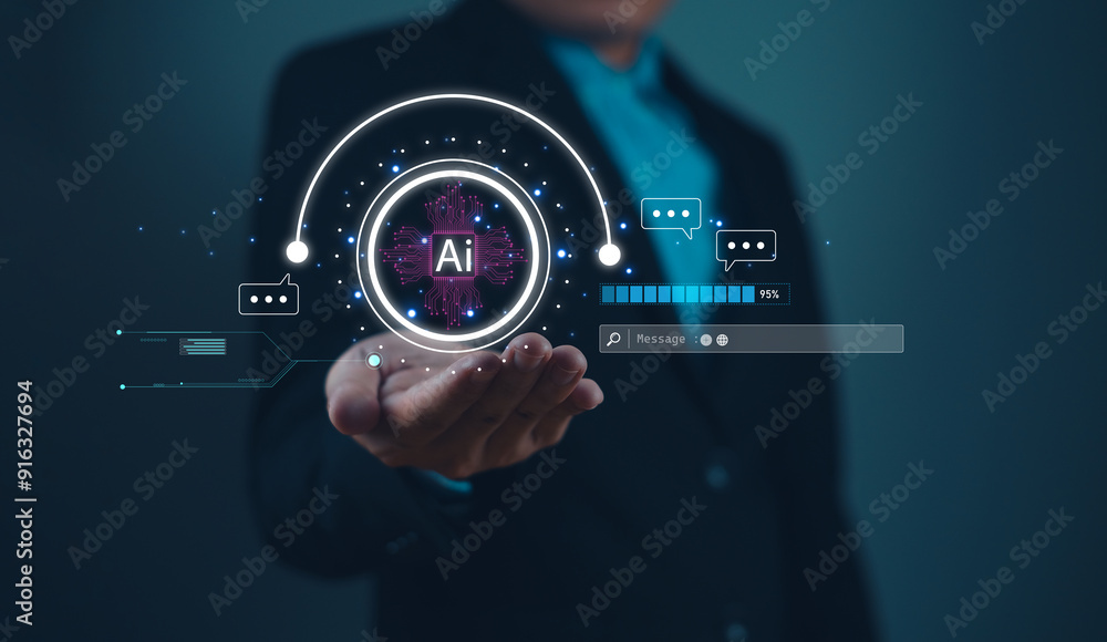 Hand holding digital AI interface with chat icons and data ...