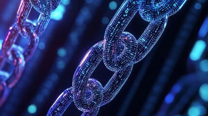 Digital Chain Links: A futuristic depiction of interconnected digital chains, glowing with binary code in a cyberspace-themed illustration of blockchain technology. 