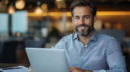  Smiling businessman working with documents and laptop in modern office 