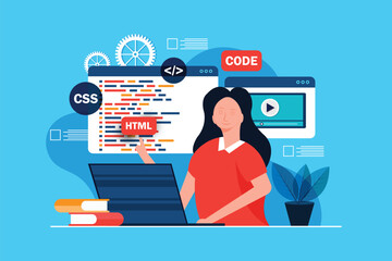 Woman working as programmer, Writing code using laptop, Website developer, Coding software elements  on blue background