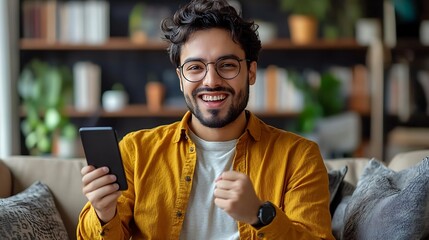  Young indian man sitting on sofa at home and looking at mobile phone screen and happy with success and received message, showing hand yes 