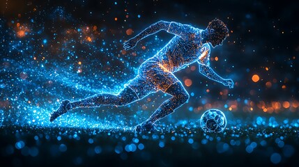  Blue digital soccer player with glowing data, artificial intelligence into athlete performance analysis and training, enhancing player skills, strategy, and overall team performance design 