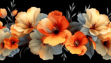 A beautiful floral wallpaper featuring a black background with an elegant bunch of leaves and flowers, providing ample copy space