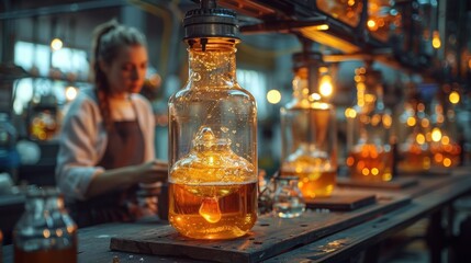 Wall Mural - Glass Bottles with Yellow Liquid in a Factory Setting