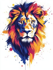 A vector design of a lion's face with a colorful geometric mane on white background, vintage t-shirt design graphic, Fashionable trendy apparel clothing design, streetwear, rustic texture