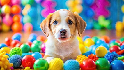 Wall Mural - Close-up of a playful puppy surrounded by colorful toys, pets, animals, puppy, cute, playful, fun, colorful, toys, domestic, fur