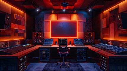 Wall Mural - Professional podcast studio with multiple microphones and mixers, wide shot showcasing soundproof panels, modern design, soft and warm lighting, capturing the detailed and engaging atmosphere,