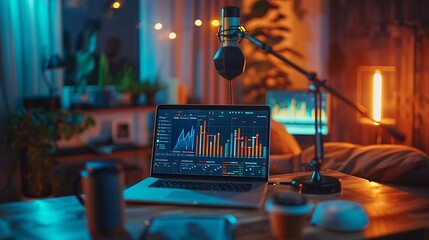 Wall Mural - Professional podcaster analyzing podcast statistics on a laptop, detailed graphs and data visible, modern home office setup with soft lighting, capturing the focused and detailed environment,