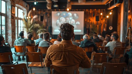 Wall Mural - Professional podcaster leading a seminar on podcasting, detailed presentation slides visible, attentive audience, modern workshop space with soft lighting,