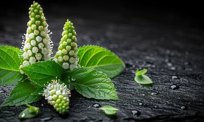 A chic black background wallpaper adorned with a bunch of leaves and flowers, perfect for creating refined copy space