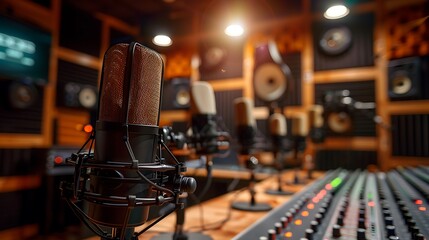 Professional studio with multiple podcasters recording a group session, roundtable setup with high-quality microphones, soundproof walls, warm ambient lighting,