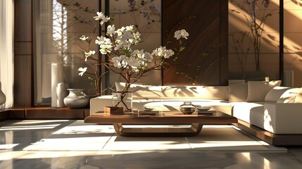 Wall Mural - Modern Living Room with White Flowers and Wooden Accents