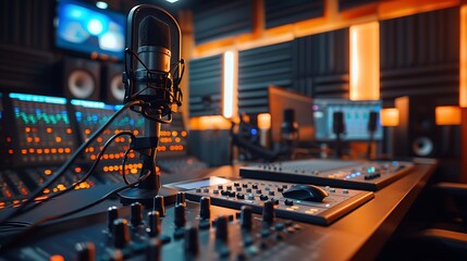 Wall Mural - Wide shot of a modern podcast studio, multiple high-quality microphones and mixers on a sleek desk, soundproof walls, warm studio lighting, capturing the detailed and professional atmosphere,