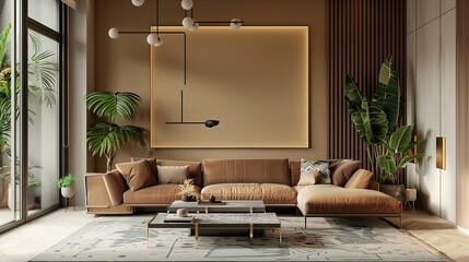 Wall Mural - Modern living room with brown sectional sofa, patterned rug, and plants