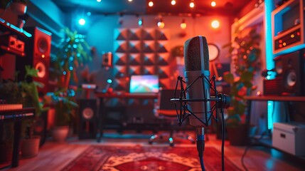 Wall Mural - Wide-angle shot of a podcaster recording a session, high-end microphone, professional studio setup, acoustic panels on the walls, vibrant studio lights, capturing the energy and professionalism,