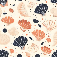 Stylish pattern featuring seashells and pebbles in soft peach and dark blue tones.