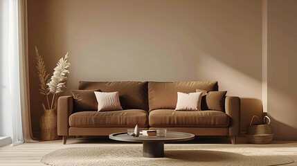 Wall Mural - Brown Sofa with Pillows and a Coffee Table in a Minimalist Living Room