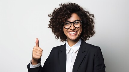 photograph of a businesswoman giving a thumbs up gesture in front of a white wall